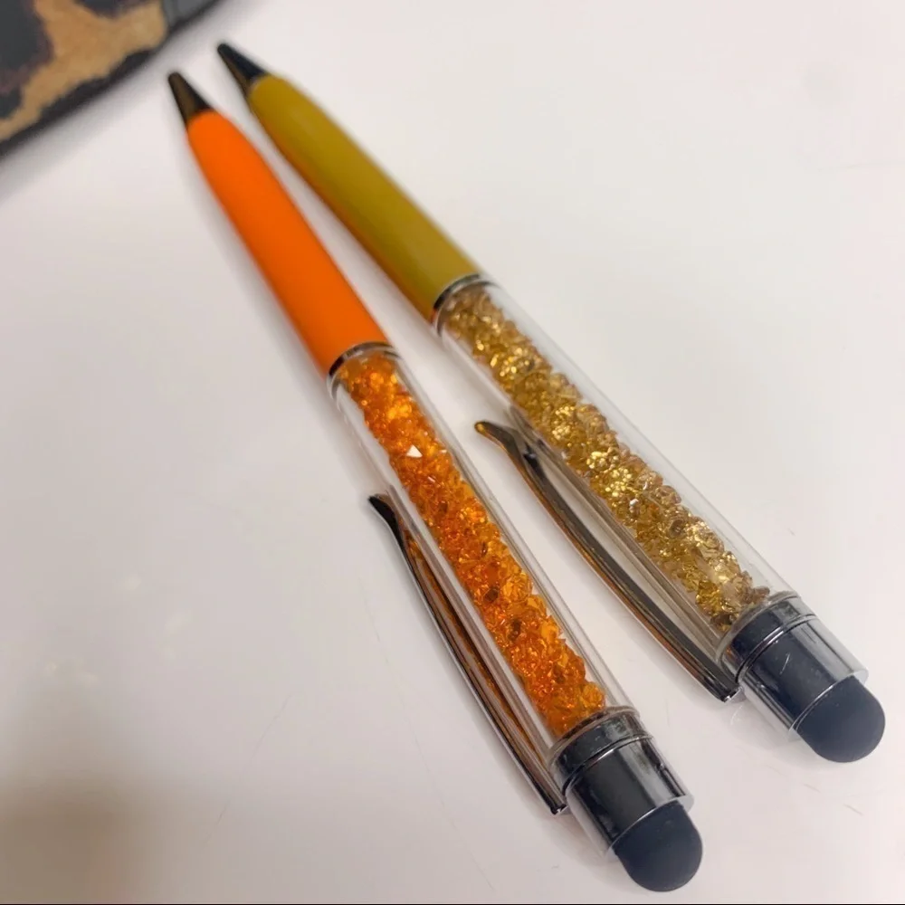 Two New Crystal filled stylus clip on pens black ink orange and gold